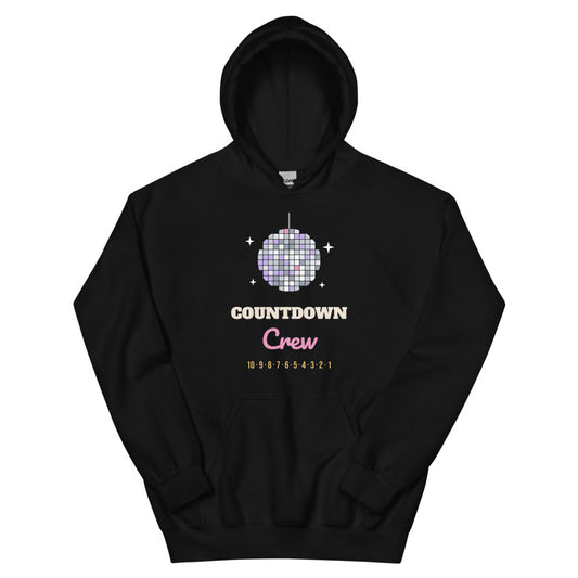 Countdown Crew Unisex Hoodie in black, design printed on the front, front view