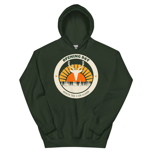 Opening Day Sunrise Unisex Hoodie in forest green, design printed on the front, front view