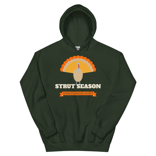 Strut Season Gobbler Society Unisex Hoodie in forest green, design printed on the front, front view