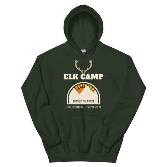 Elk Camp Bugle Season Unisex Hoodie in forest green, design printed on the front, front view