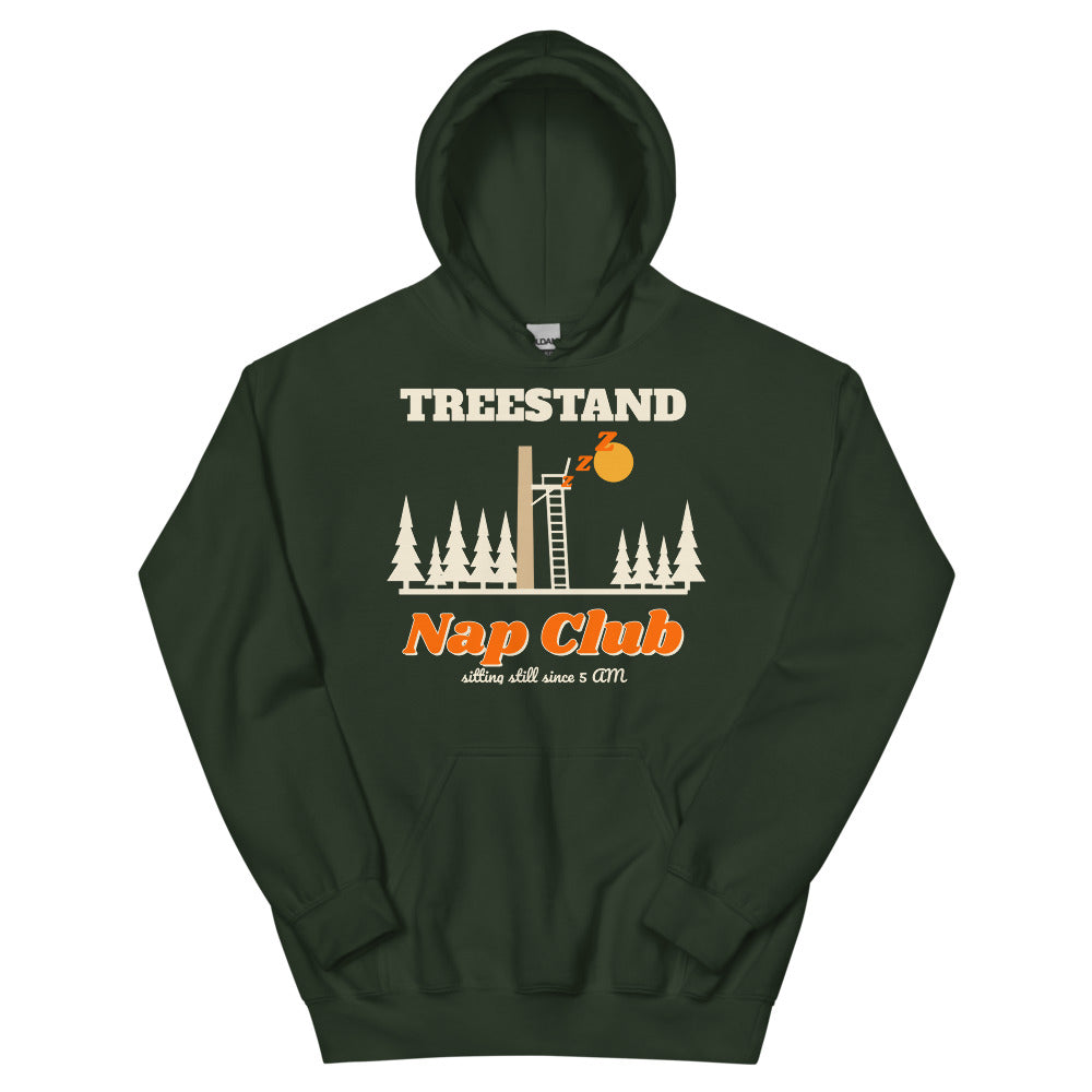Treestand Nap Club Unisex Hoodie in forest green, design printed on the front, front view
