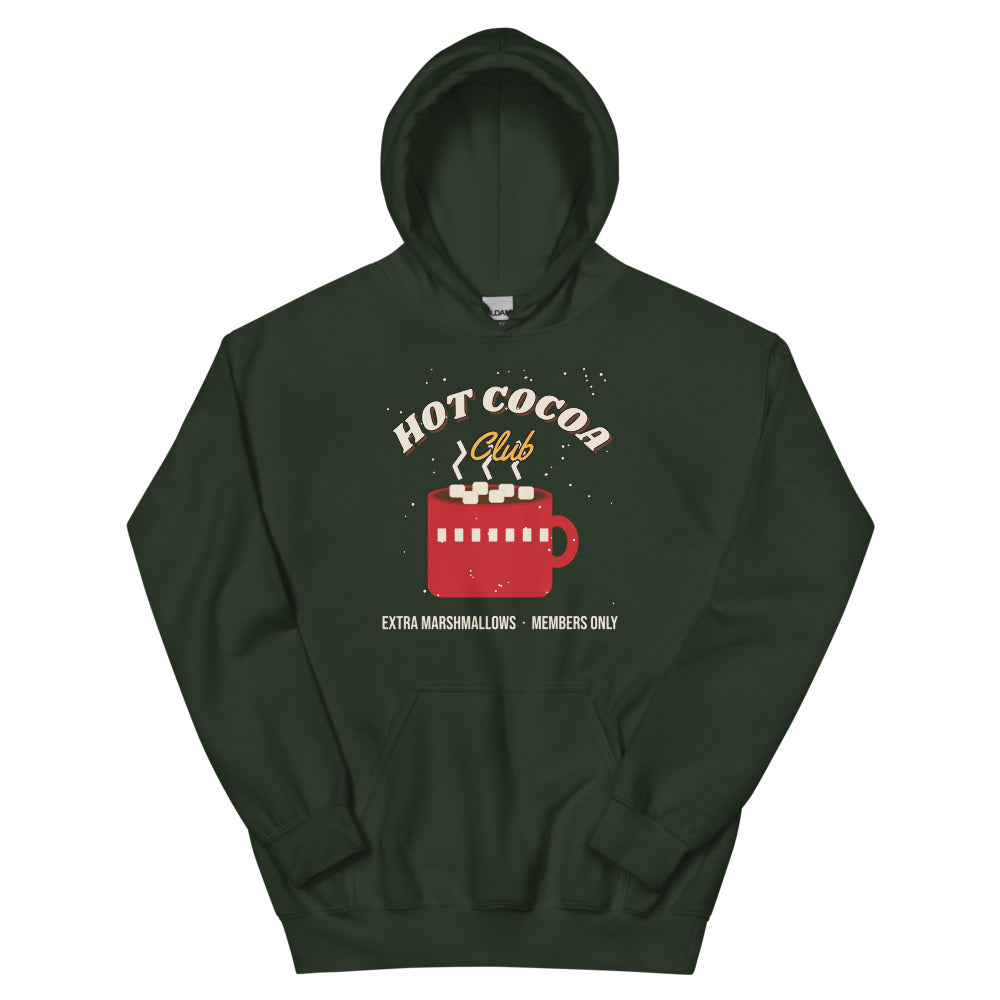 Hot Cocoa Club Unisex Hoodie in forest green, design printed on the front, front view