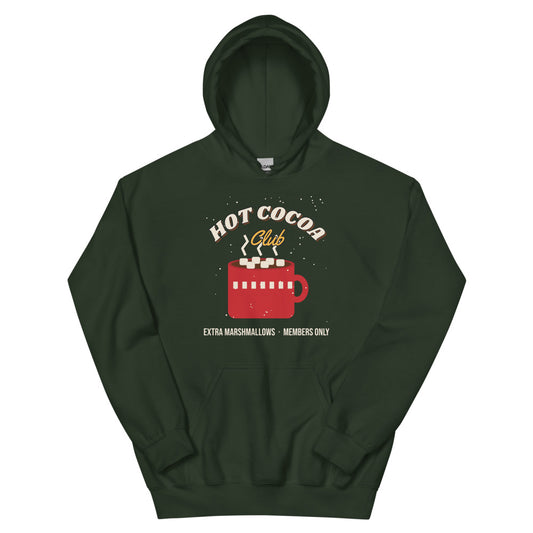 Hot Cocoa Club Unisex Hoodie in forest green, design printed on the front, front view