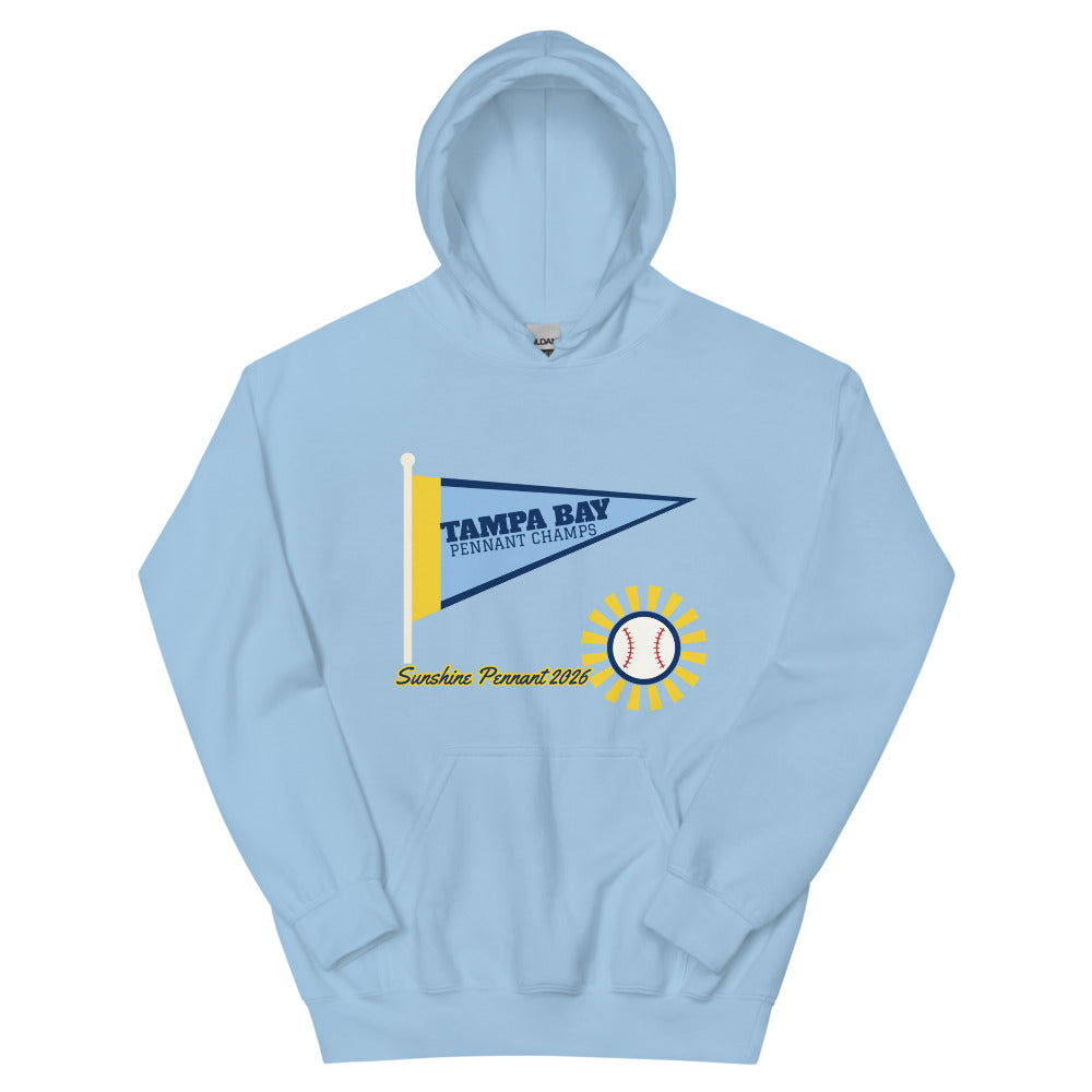 Tampa Bay Sunshine Pennant 2026 Unisex Hoodie in light blue, design printed on the front, front view