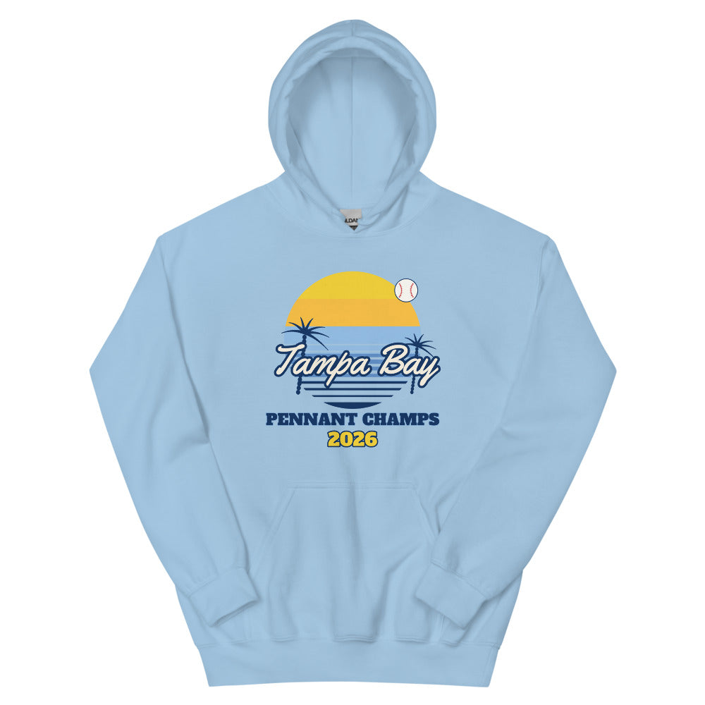 Tampa Bay Sunset Champs 2026 Unisex Hoodie in light blue, design printed on the front, front view