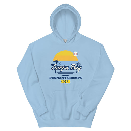 Tampa Bay Sunset Champs 2026 Unisex Hoodie in light blue, design printed on the front, front view