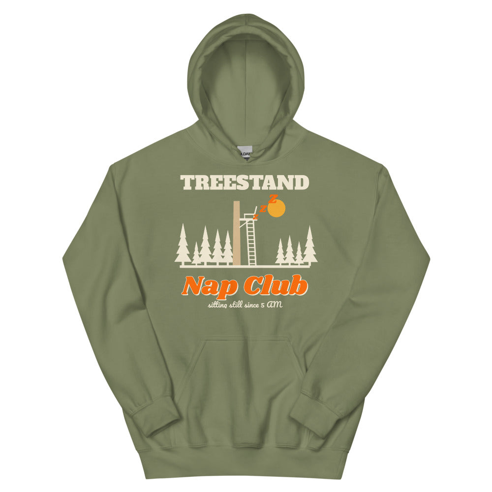 Treestand Nap Club Unisex Hoodie in military green, design printed on the front, front view