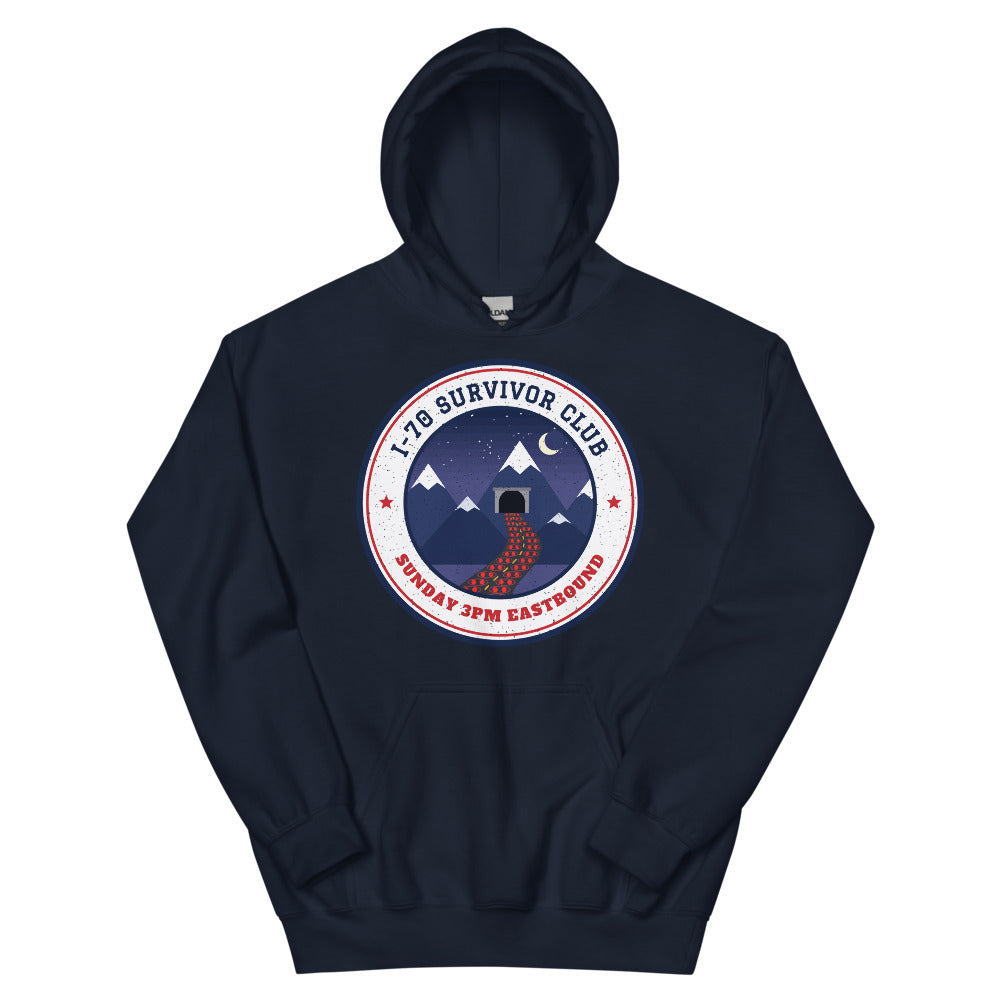 I-70 Survivor Club Unisex Hoodie in navy, front view