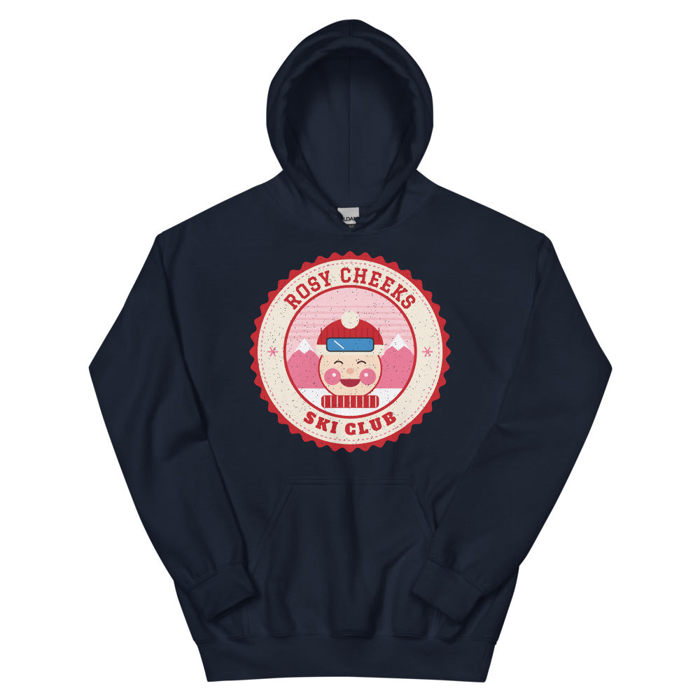 Rosy Cheeks Ski Club Unisex Hoodie in navy, front view