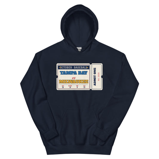 Tampa Bay vs Milwaukee Retro Ticket Unisex Hoodie in navy, front view
