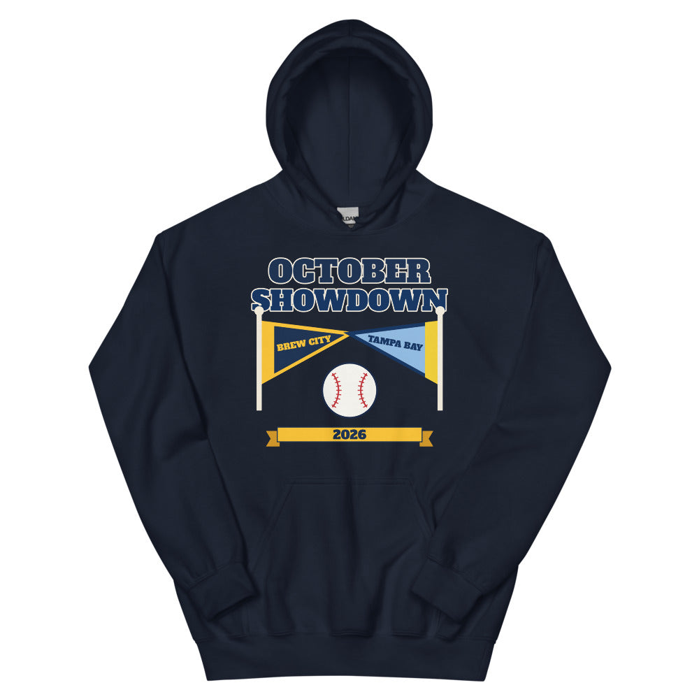 October Showdown 2026 Unisex Hoodie in navy, design printed on the front, front view