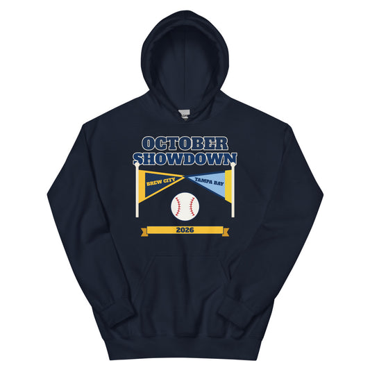 October Showdown 2026 Unisex Hoodie in navy, design printed on the front, front view