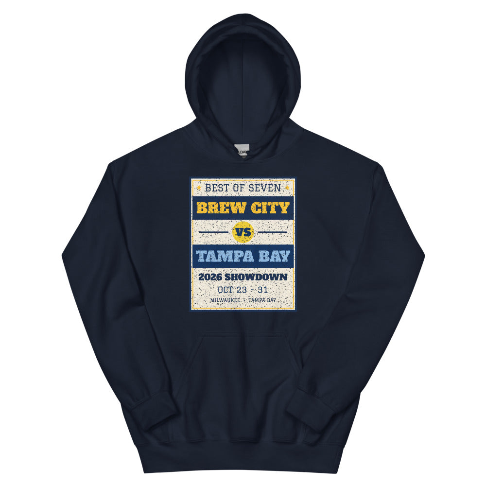 Brew City vs Tampa Bay 2026 Showdown Unisex Hoodie in navy, design printed on the front, front view