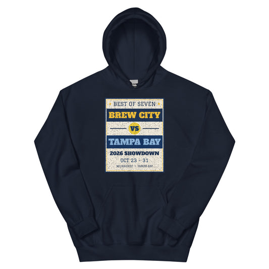 Brew City vs Tampa Bay 2026 Showdown Unisex Hoodie in navy, design printed on the front, front view