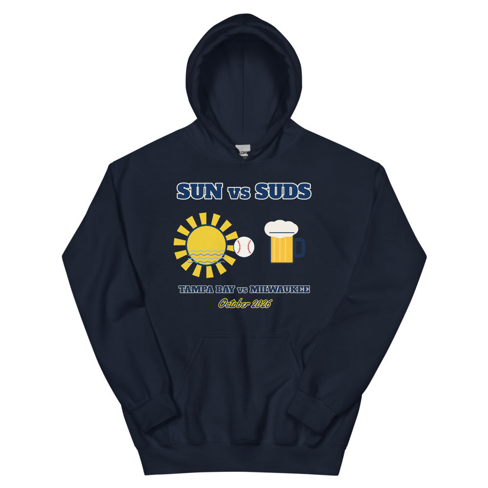 Sun vs Suds Tampa Bay vs Milwaukee Unisex Hoodie in navy, design printed on the front, front view