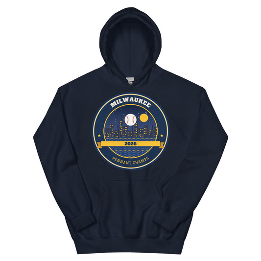 Milwaukee 2026 Pennant Champs Unisex Hoodie in navy, design printed on the front, front view