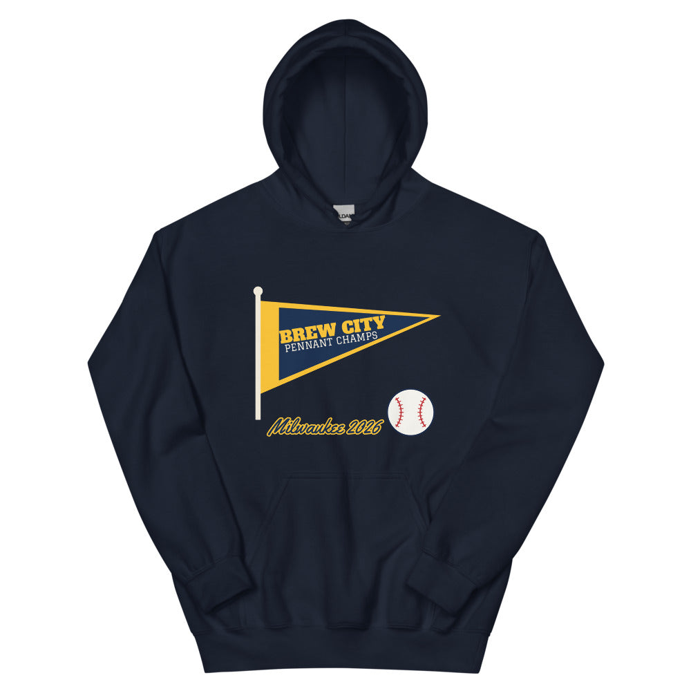 Brew City Pennant 2026 Unisex Hoodie in navy, design printed on the front, front view