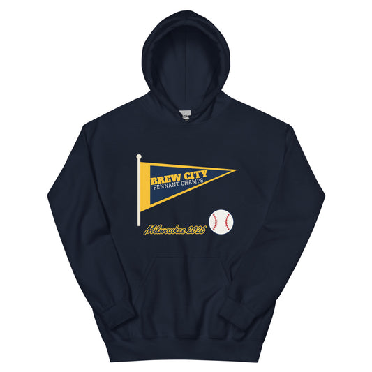 Brew City Pennant 2026 Unisex Hoodie in navy, design printed on the front, front view