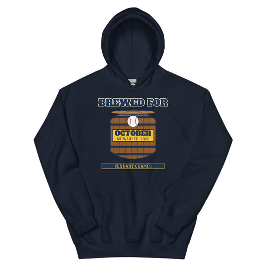 Brewed for October Milwaukee 2026 Unisex Hoodie in navy, design printed on the front, front view