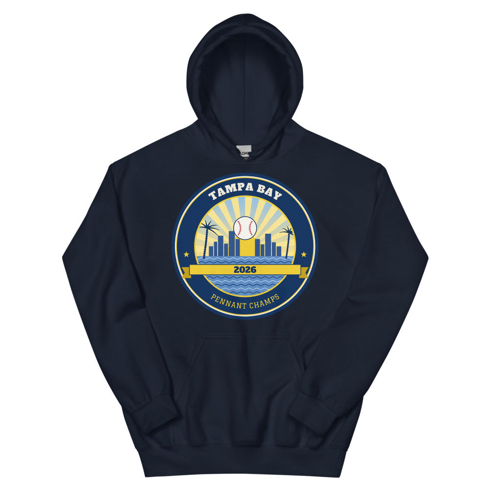 Tampa Bay 2026 Pennant Champs Unisex Hoodie in navy, design printed on the front, front view