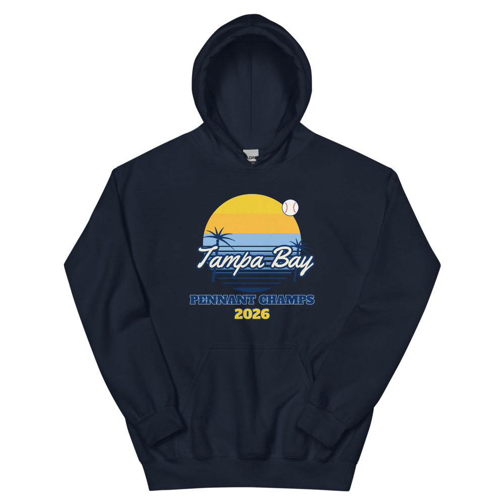 Tampa Bay Sunset Champs 2026 Unisex Hoodie in navy, design printed on the front, front view