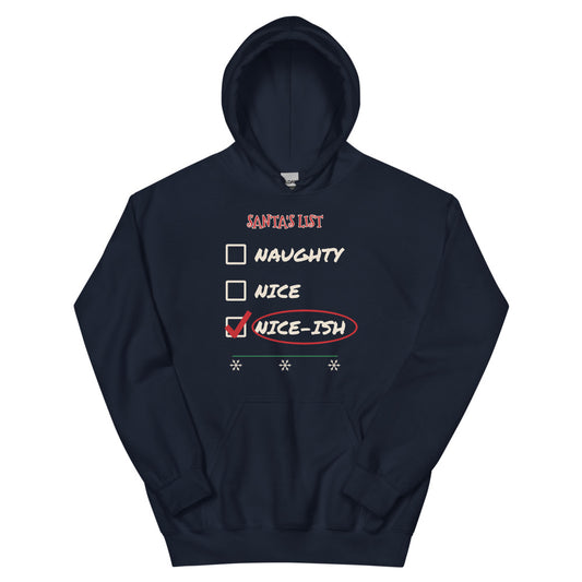 Nice-ish Unisex Hoodie in navy, design printed on the front, front view