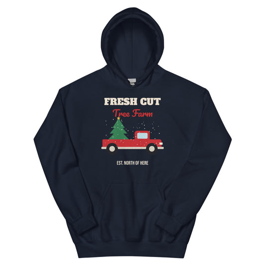 Fresh Cut Tree Farm Unisex Hoodie in navy, design printed on the front, front view