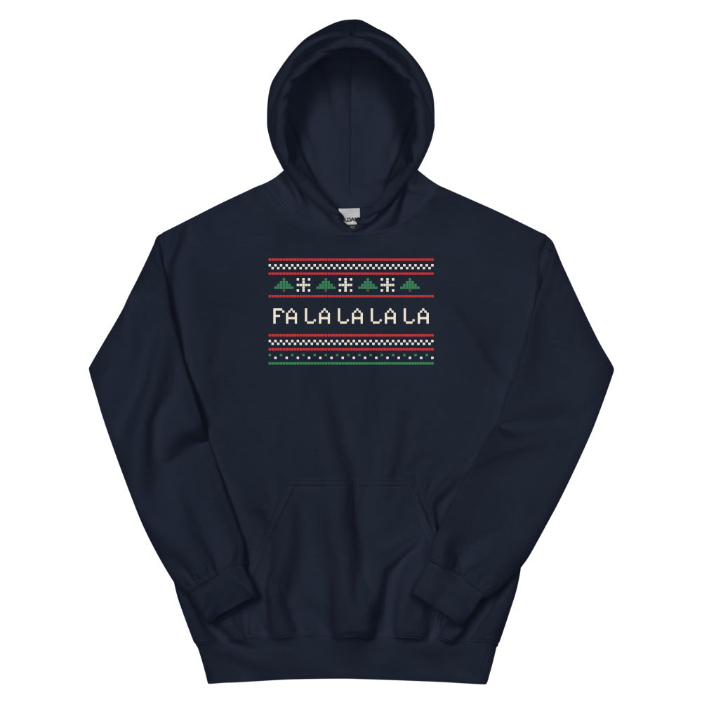 Fa La La Knit Unisex Hoodie in navy, design printed on the front, front view