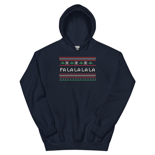 Fa La La Knit Unisex Hoodie in navy, design printed on the front, front view