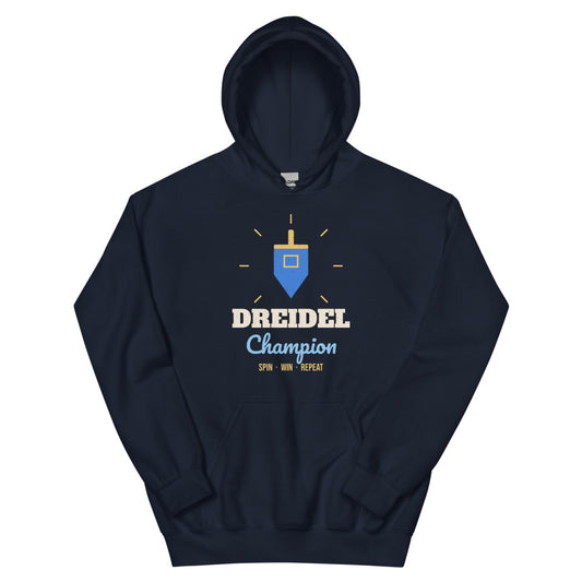 Dreidel Champion Unisex Hoodie in navy, design printed on the front, front view