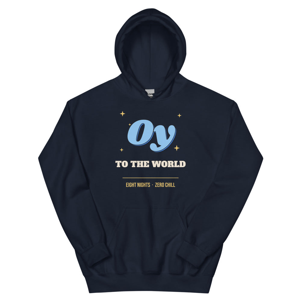 Oy to the World Unisex Hoodie in navy, design printed on the front, front view