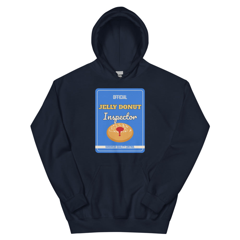 Jelly Donut Inspector Unisex Hoodie in navy, design printed on the front, front view