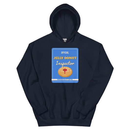 Jelly Donut Inspector Unisex Hoodie in navy, design printed on the front, front view