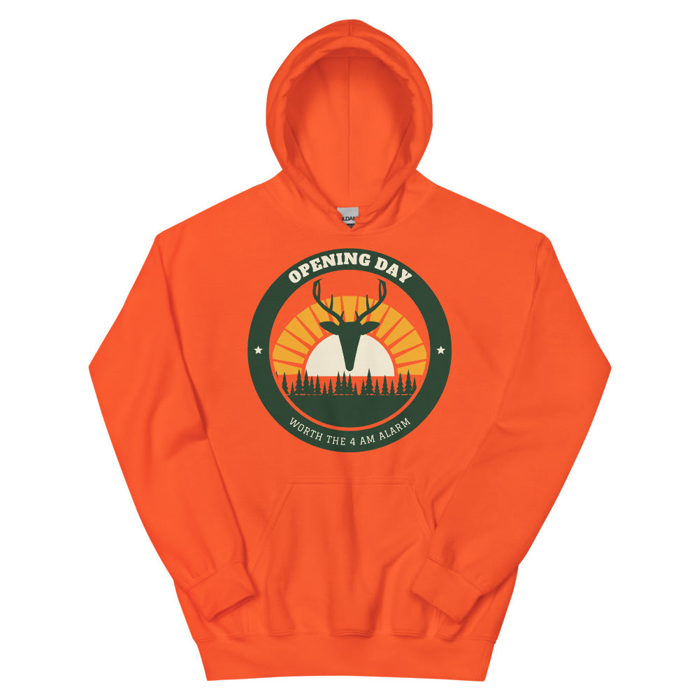 Opening Day Sunrise Hunter Orange Hoodie in orange, design printed on the front, front view