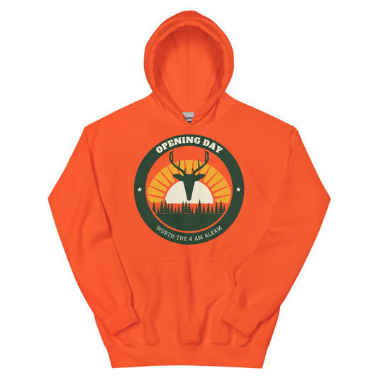 Opening Day Sunrise Hunter Orange Hoodie in orange, design printed on the front, front view