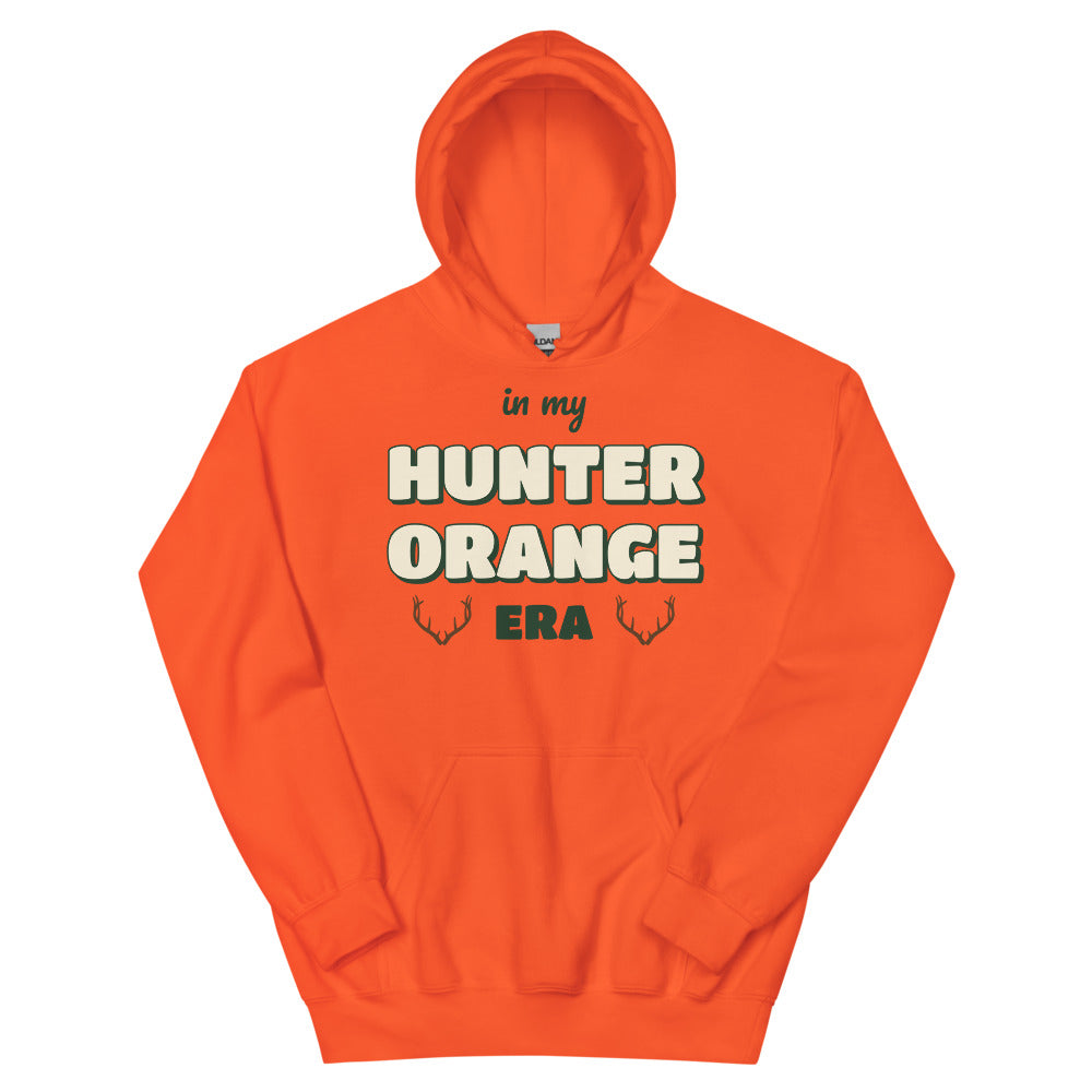 In My Hunter Orange Era Hunter Orange Hoodie in orange, design printed on the front, front view