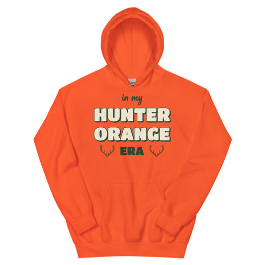 In My Hunter Orange Era Hunter Orange Hoodie in orange, design printed on the front, front view