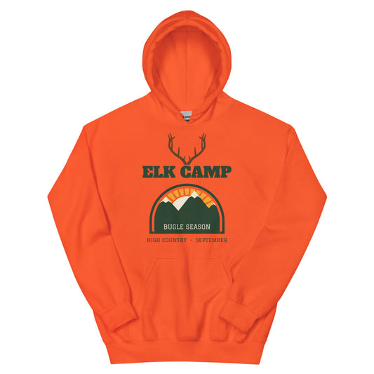 Elk Camp Bugle Season Hunter Orange Hoodie in orange, design printed on the front, front view