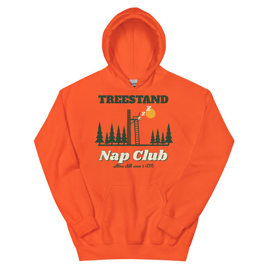 Treestand Nap Club Hunter Orange Hoodie in orange, design printed on the front, front view