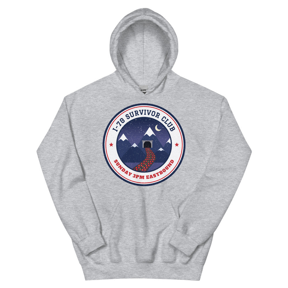 I-70 Survivor Club Unisex Hoodie in sport grey, front view