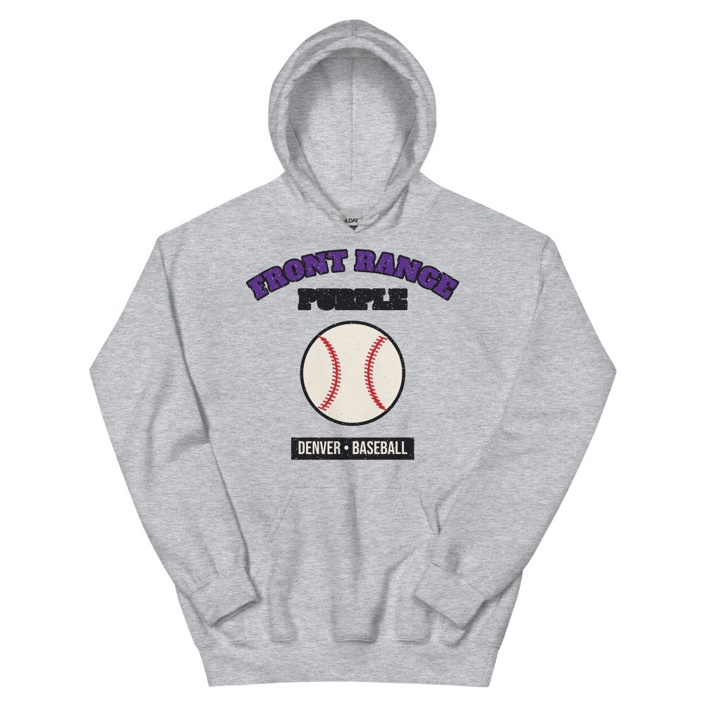 Front Range Purple Baseball Hoodie in sport grey, front