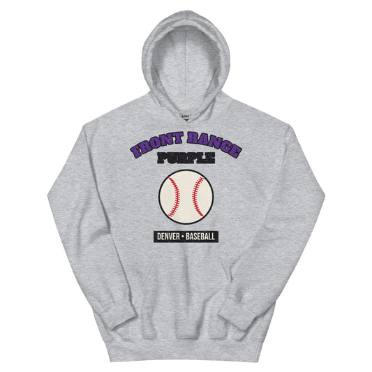 Front Range Purple Baseball Hoodie in sport grey, front