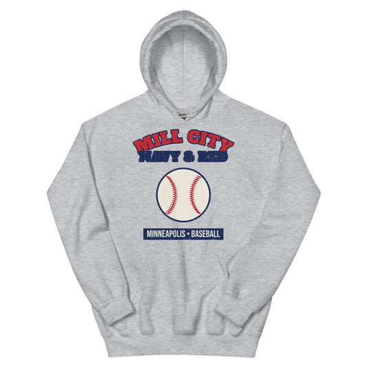 Mill City Navy & Red Baseball Hoodie in sport grey, front