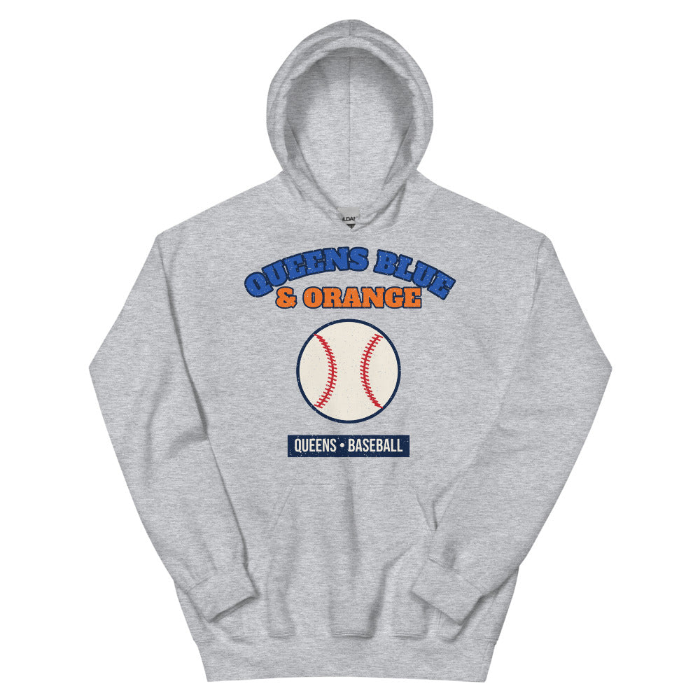 Queens Blue & Orange Baseball Hoodie in sport grey, front