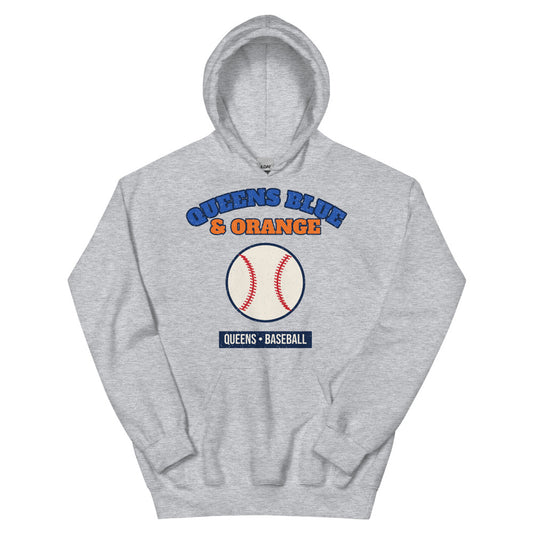 Queens Blue & Orange Baseball Hoodie in sport grey, front