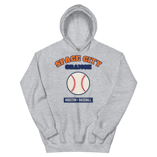 Space City Orange Baseball Hoodie in sport grey, front