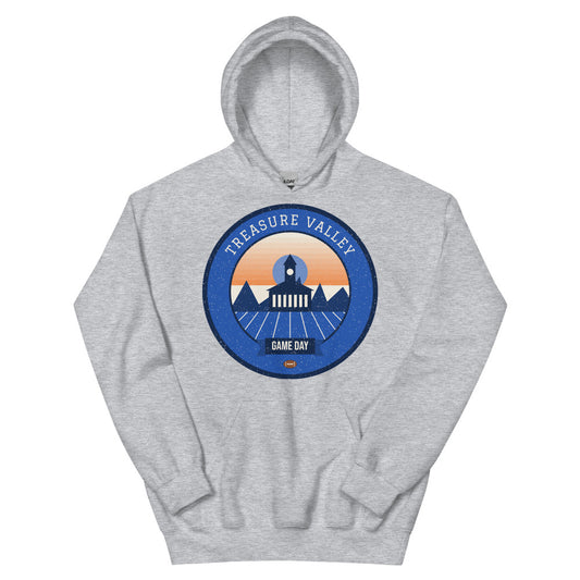 Blue & Orange Treasure Valley Game Day Hoodie in sport grey, front