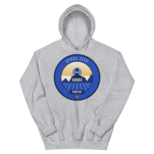 Blue & Gold Steel City Game Day Hoodie in sport grey, front