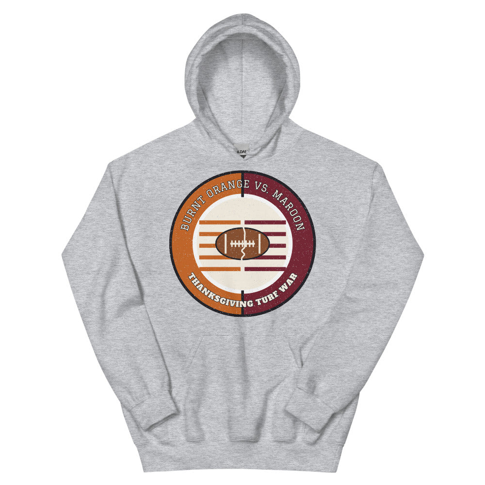 Burnt Orange vs Maroon Thanksgiving Turf War Football Hoodie in sport grey, front