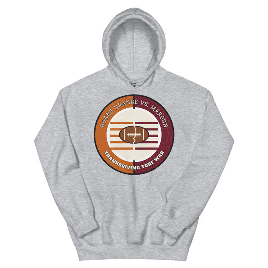 Burnt Orange vs Maroon Thanksgiving Turf War Football Hoodie in sport grey, front